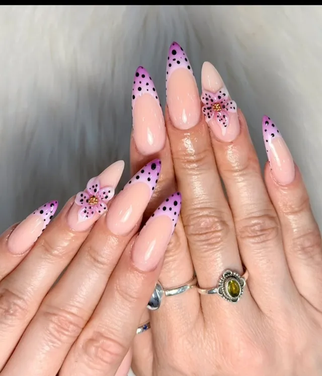 Lilac dotted french stilettos with 3D flower art